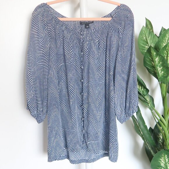 Banana Republic 100% Silk Blue White Striped Peasant Blouse Size L Boho Chic - Picture 3 of 9